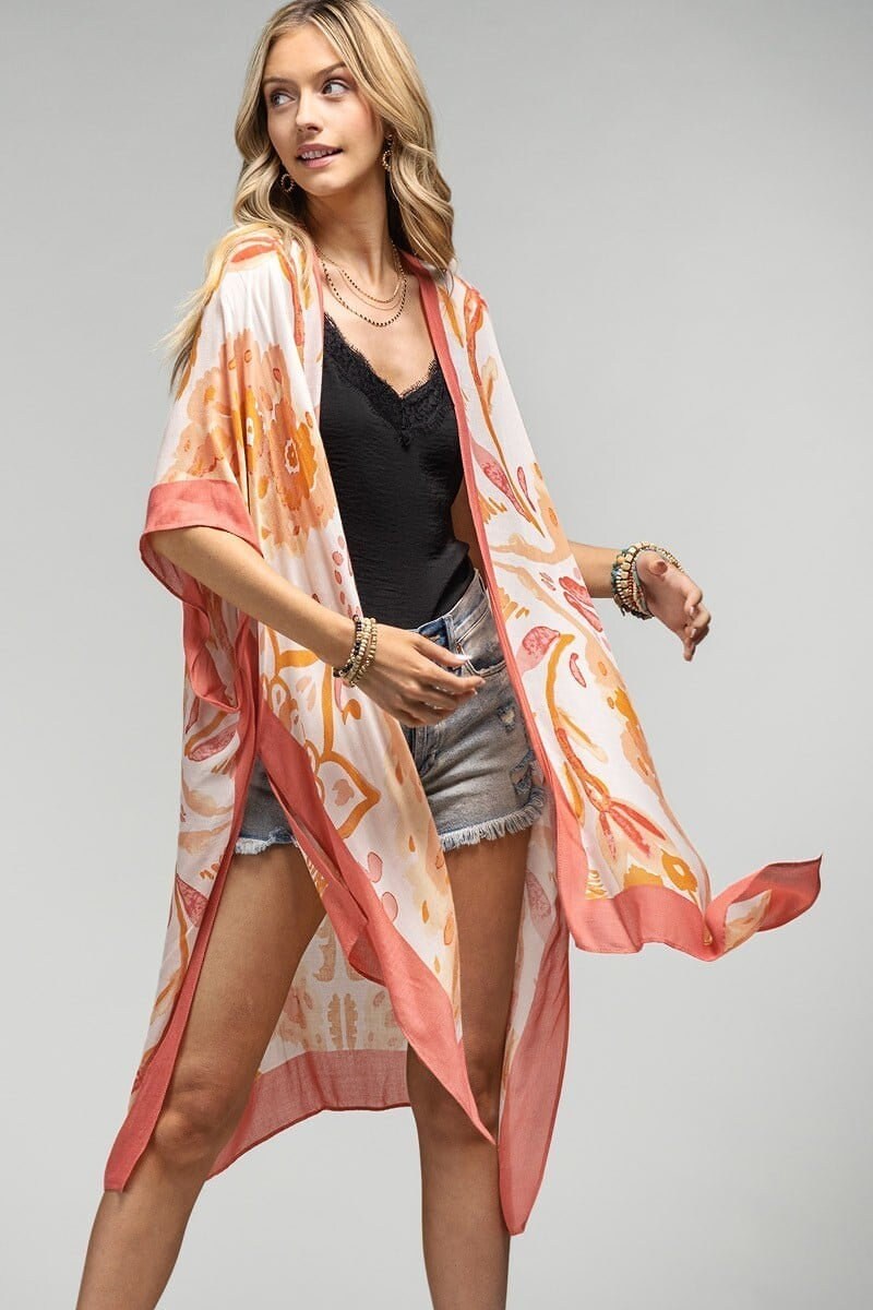Kimono Duster with Coral Color Mandala Print