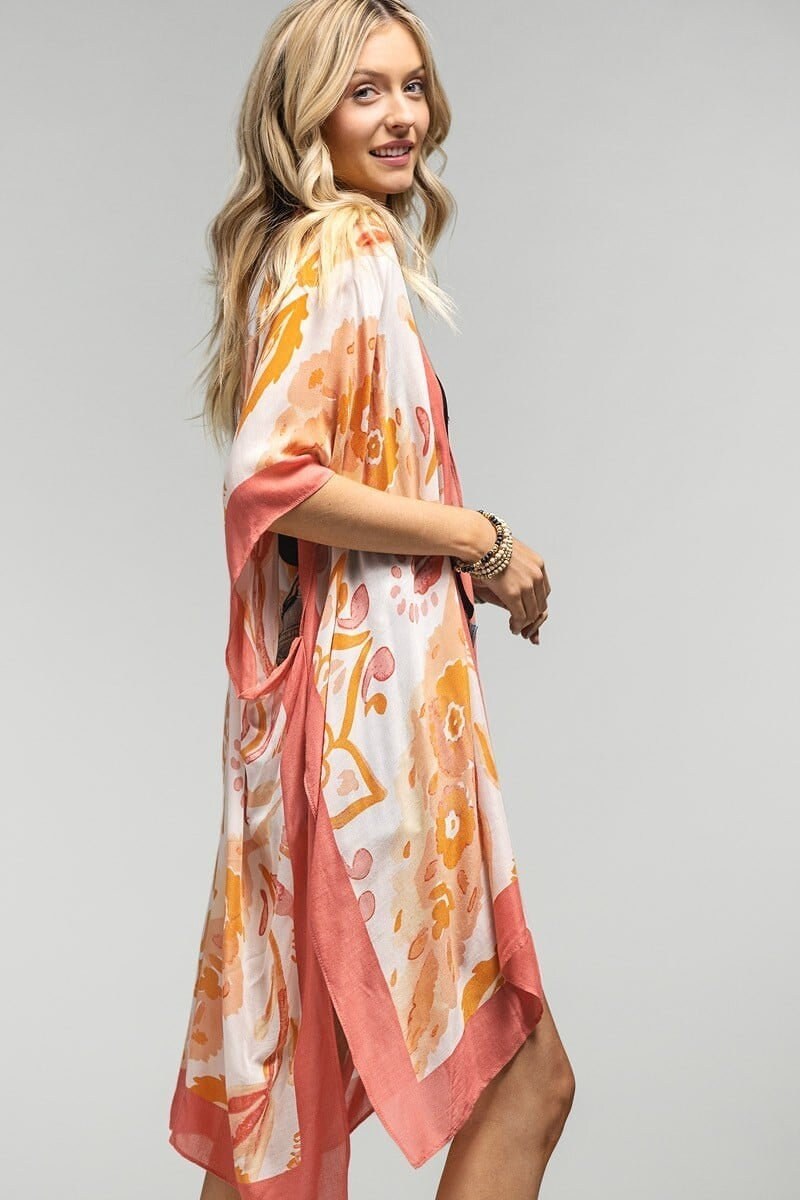 Kimono Duster with Coral Color Mandala Print