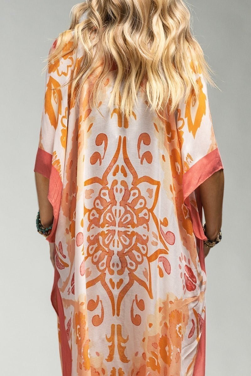 Kimono Duster with Coral Color Mandala Print