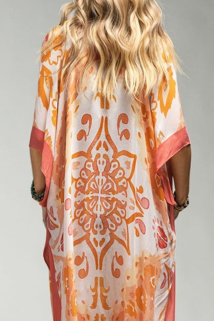 Kimono Duster with Coral Color Mandala Print