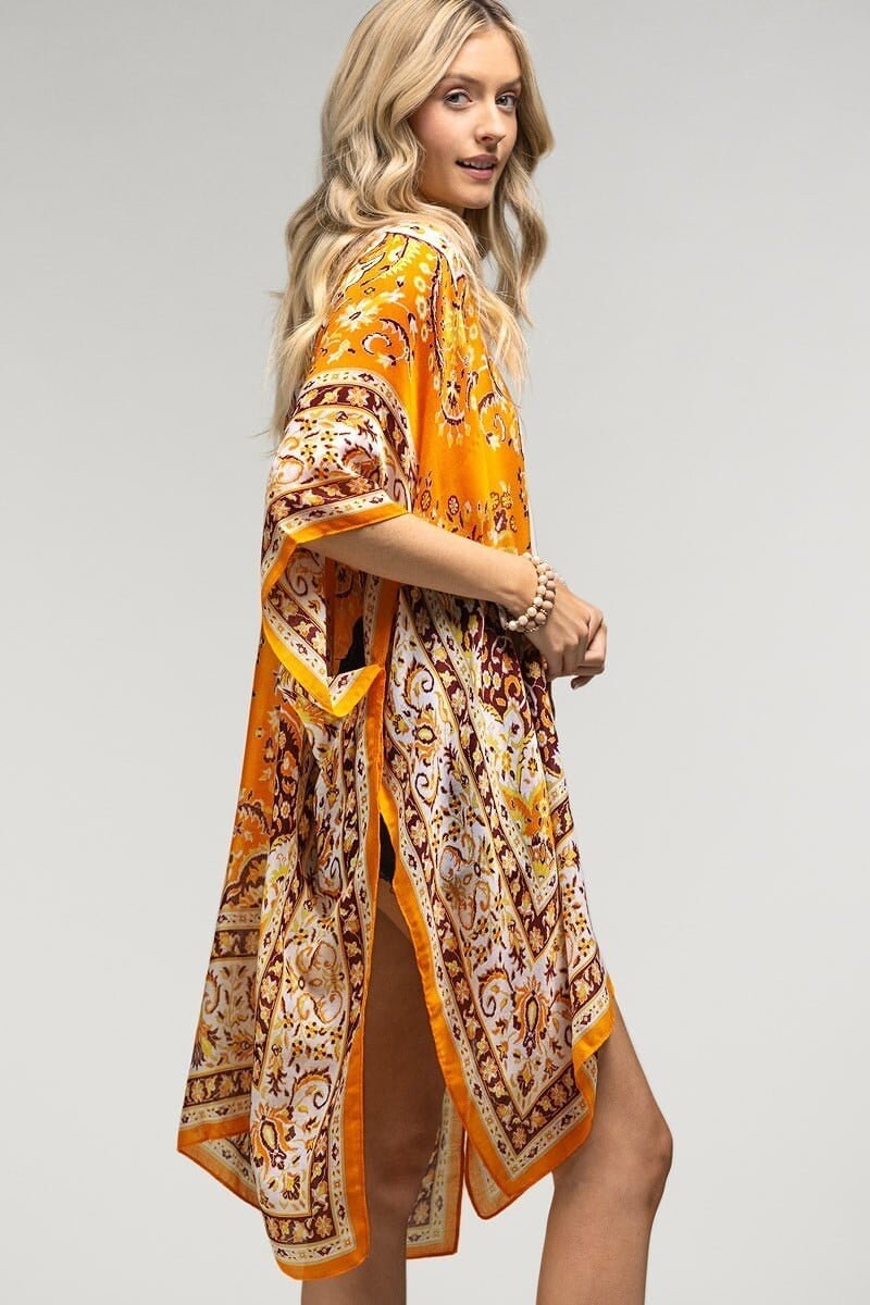 Summer Beachy Kimono Duster with Orange Paisley Mandala Pattern