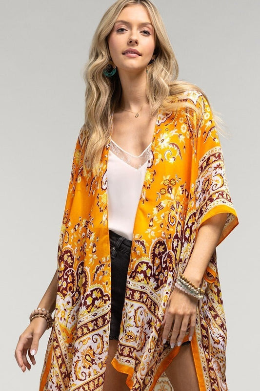 Summer Beachy Kimono Duster with Orange Paisley Mandala Pattern