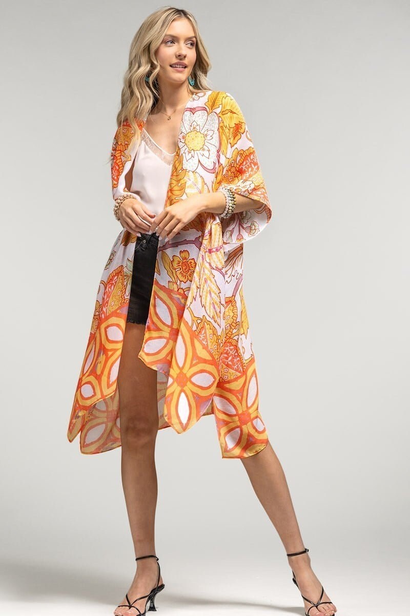 Summer Kimono Duster with Leaf Print