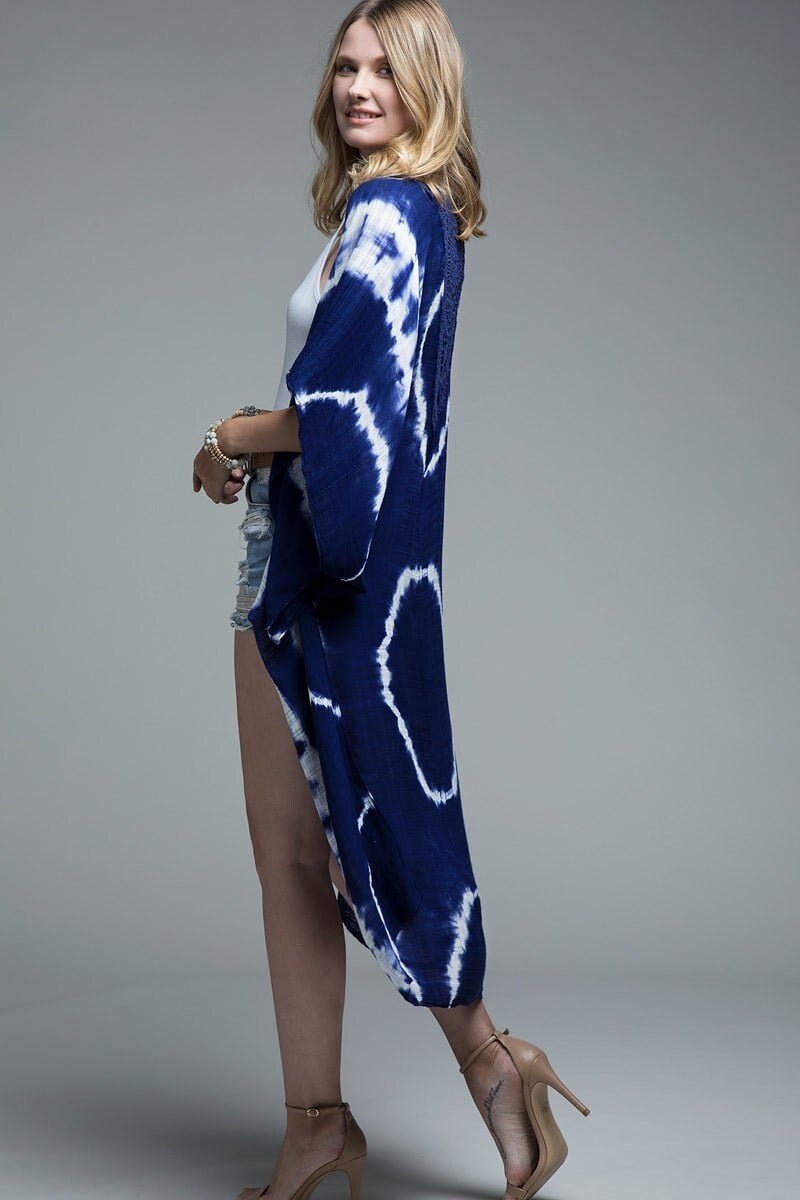 Kimono Duster with Navy Blue Tie Dye Print and Crochet Lace Back