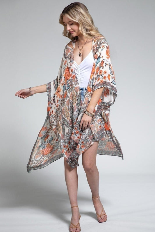 Summer Kimono Duster with Orange Flower Paisley Look