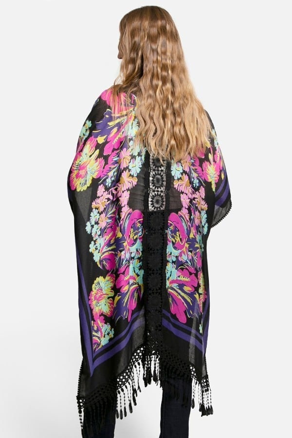 Spring Airy Kimono Duster with Watercolor Floral Print and Lace Trim Arm Holes Black Cardigan