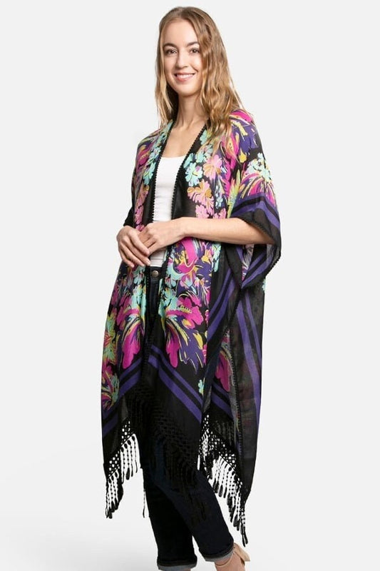 Spring Airy Kimono Duster with Watercolor Floral Print and Lace Trim Arm Holes Black Cardigan