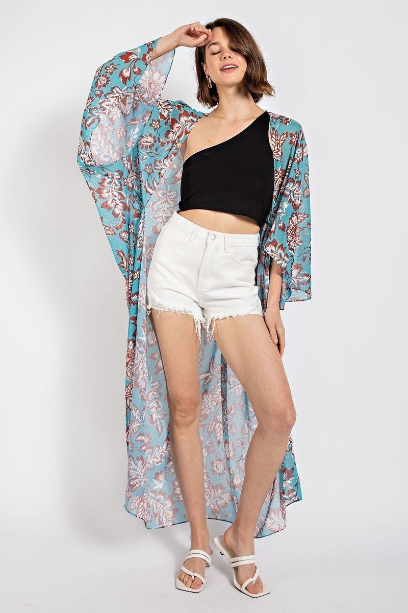 Long Sleeves Flower Kimono Duster