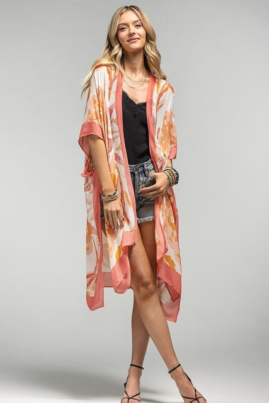 Kimono Duster with Coral Color Mandala Print