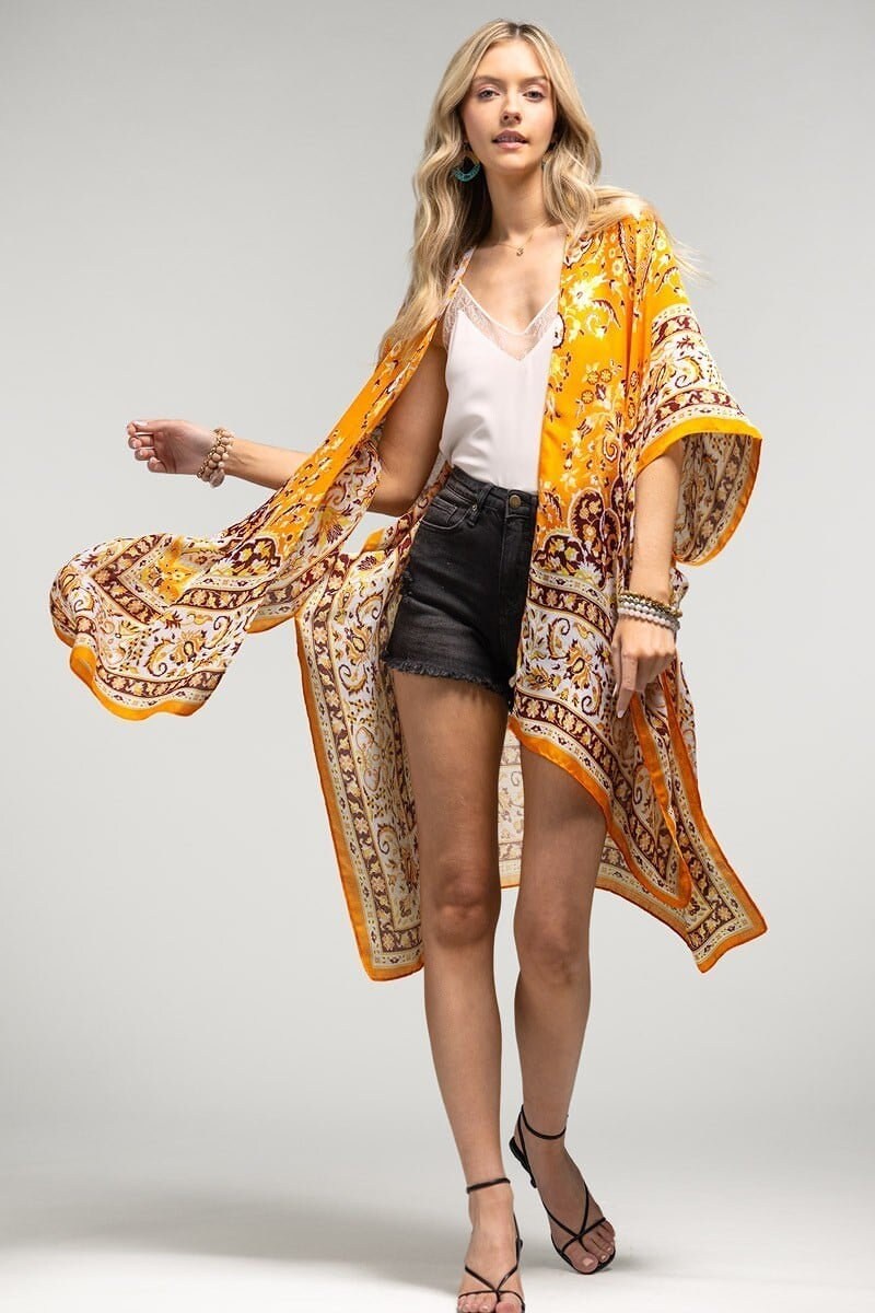 Summer Beachy Kimono Duster with Orange Paisley Mandala Pattern