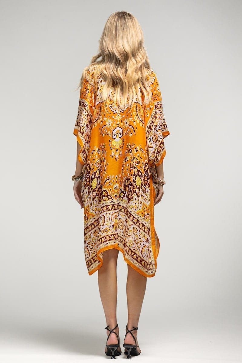 Summer Beachy Kimono Duster with Orange Paisley Mandala Pattern