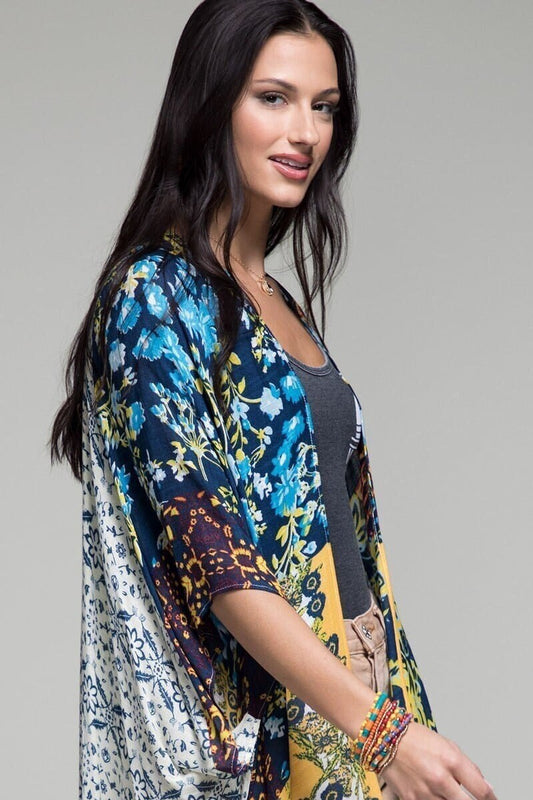 Kimono Duster with Navy Blue Flower