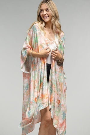 Spring Kimono Duster with Watercolor Spring Pink Green Vibe