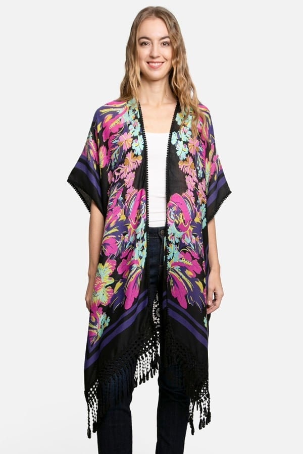 Spring Airy Kimono Duster with Watercolor Floral Print and Lace Trim Arm Holes Black Cardigan