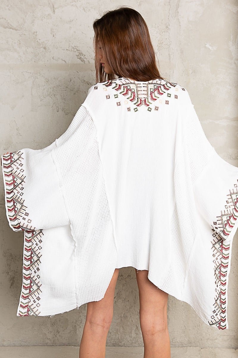 White Kimono Cardigan with Bohemian Accent Trim Sleeves for Spring summer