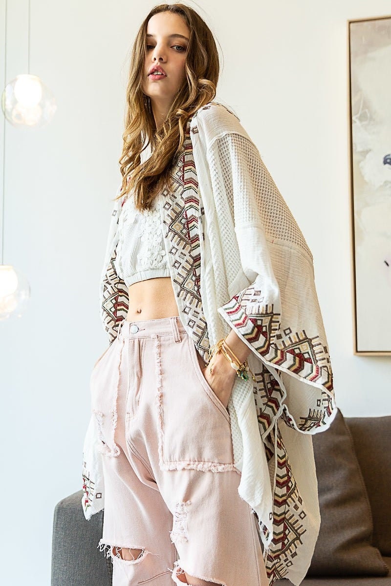 White Kimono Cardigan with Bohemian Accent Trim Sleeves for Spring summer