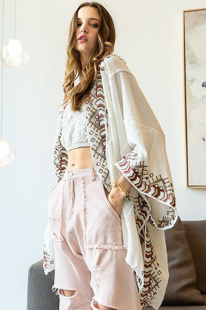 White Kimono Cardigan with Bohemian Accent Trim Sleeves for Spring summer