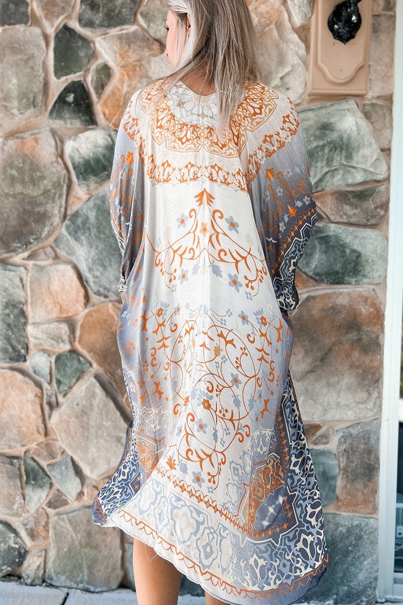 Paisley Kimono Cardigan with Bohemian Accent Gray Ombre Sleeves for Spring summer