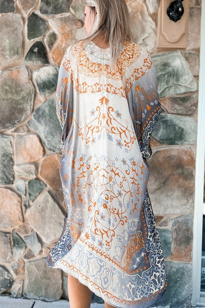 Paisley Kimono Cardigan with Bohemian Accent Gray Ombre Sleeves for Spring summer