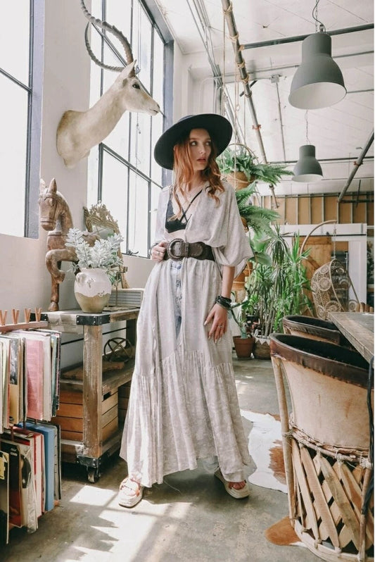 Long Kimono Cardigan with Bohemian Accent Paisley Pattern Ruffle Hem Long Cover Up Light Gray for Spring summer