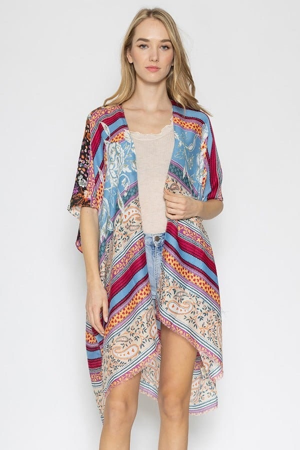 Kimono Cardigan with Bohemian Outfit Aztec Print Dark Pink Blue Beach Cover Up Tie Dye Watercolor Print for Spring summer
