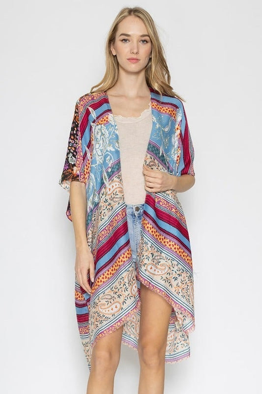 Kimono Cardigan with Bohemian Outfit Aztec Print Dark Pink Blue Beach Cover Up Tie Dye Watercolor Print for Spring summer