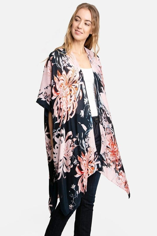 Kimono Cardigan with Bohemian Chrysanthemum Flower Red Black Duster Lightweight Duster for Spring summer