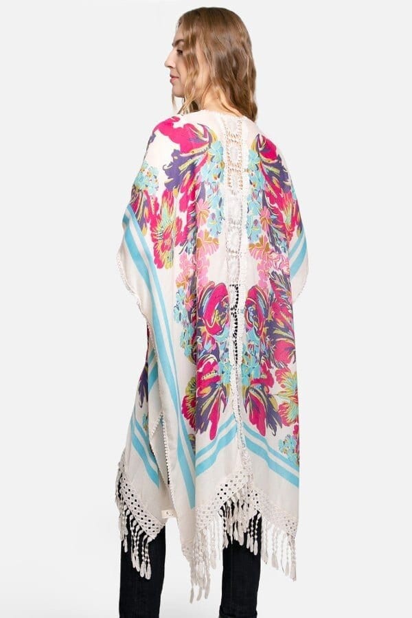 Kimono Cardigan with Bohemian Crochet Lace Back and Watercolor Floral Pattern for Spring summer
