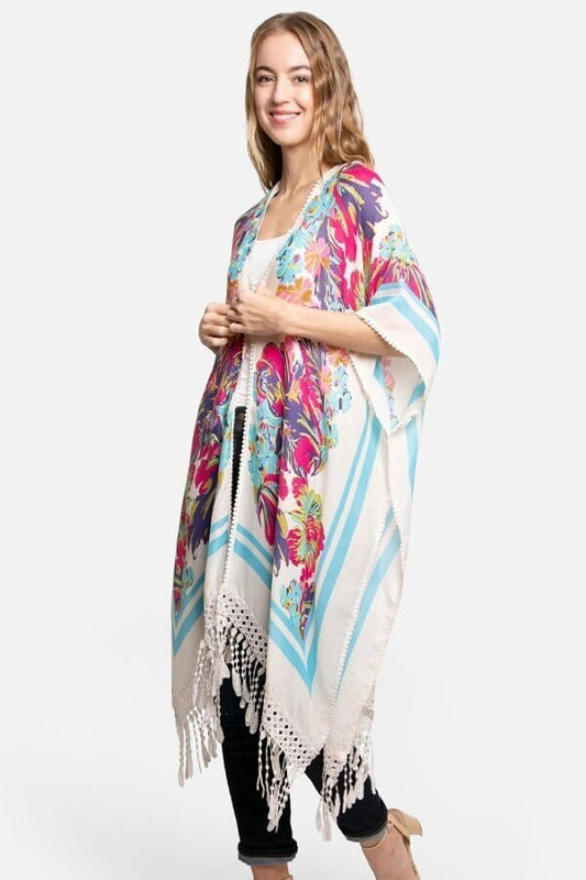 Kimono Cardigan with Bohemian Crochet Lace Back and Watercolor Floral Pattern for Spring summer