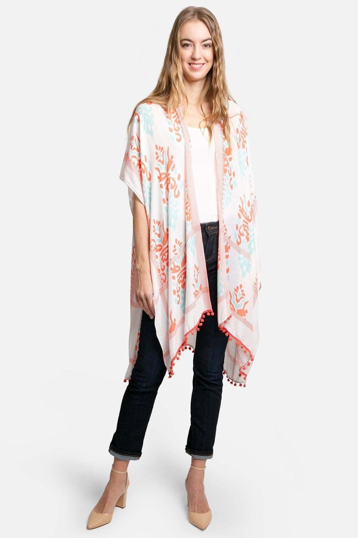 Kimono Cardigan with Bohemian Pastel Orange Aqua Damask Print Duster Lightweight Jacket for Spring summer