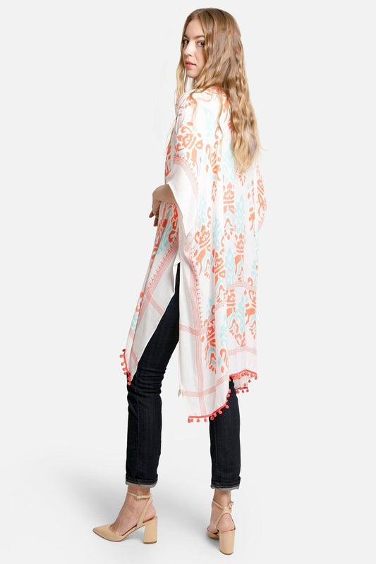 Kimono Cardigan with Bohemian Pastel Orange Aqua Damask Print Duster Lightweight Jacket for Spring summer