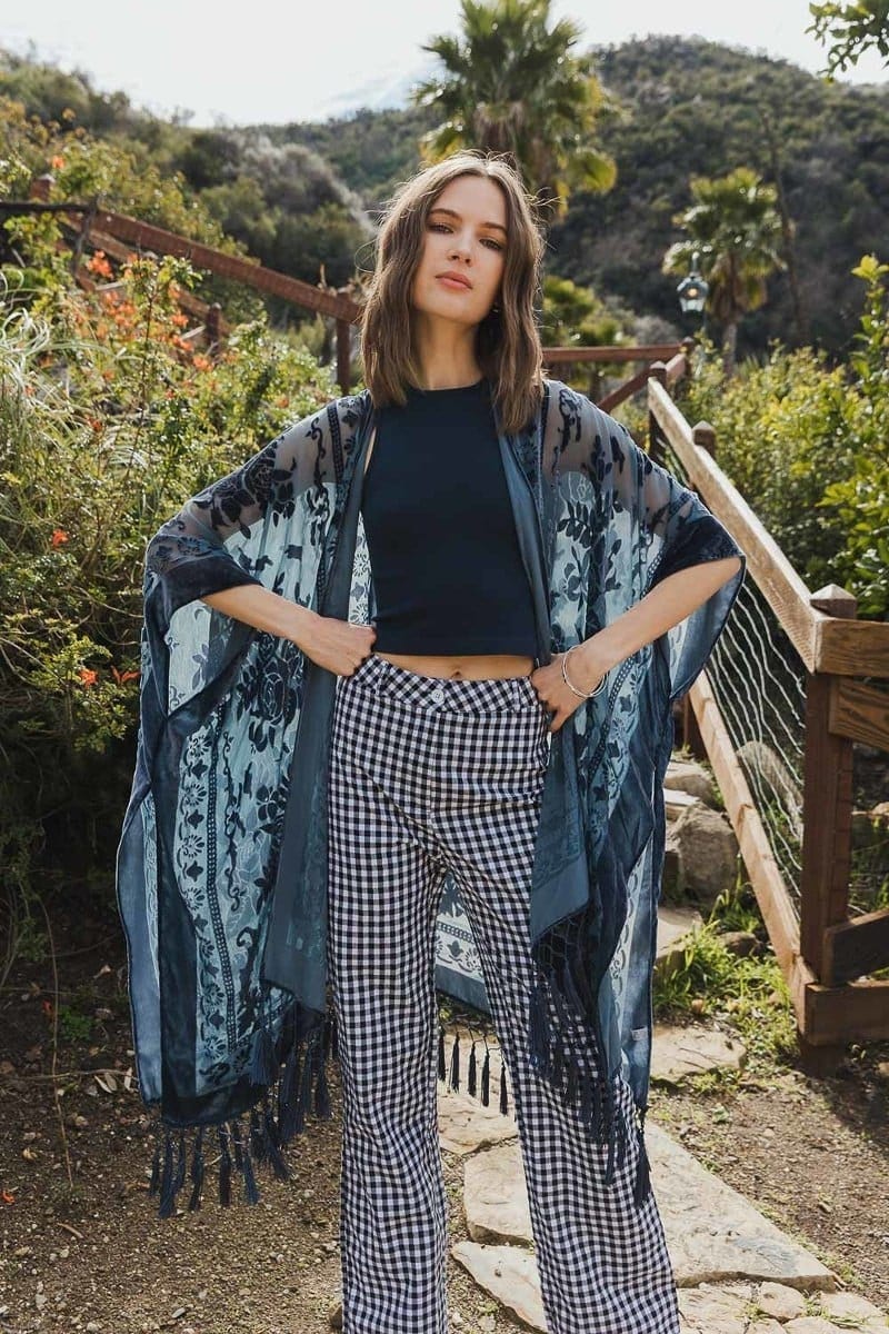 Velvet Burnout Kimono Cardigan with Bohemian Floral Pattern and Tassel Duster for Spring summer