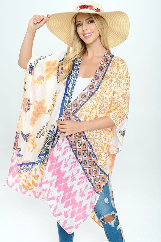 Kimono Cardigan with Bohemian Orange Pink Paisley Duster for Spring summer