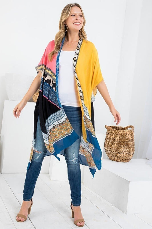 Kimono Cardigan with Bohemian Yellow Black Patchwork Duster for Spring summer