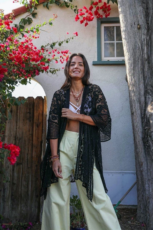 Black Lace Kimono Duster with Crochet Floral Lace