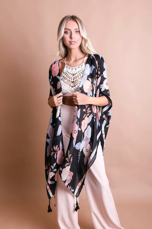 Summer Kimono Duster with Black Floral Mandala Print