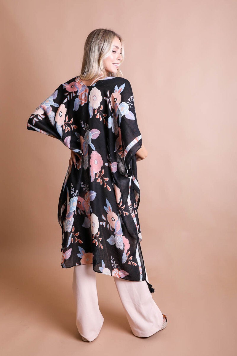 Summer Kimono Duster with Black Floral Mandala Print