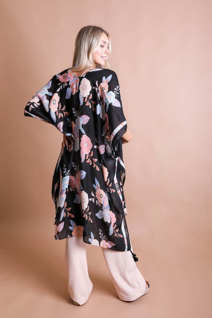 Summer Kimono Duster with Black Floral Mandala Print