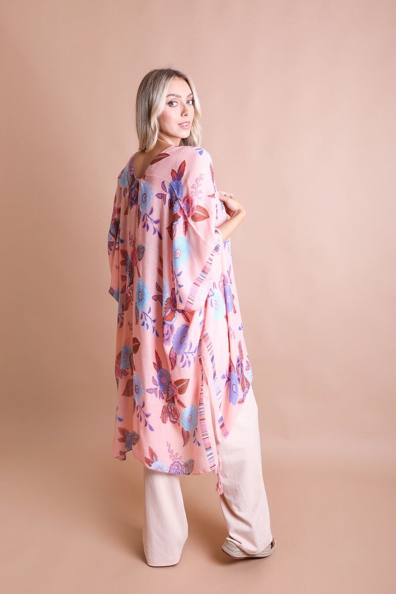 Summer Kimono Duster with Black Floral Mandala Print