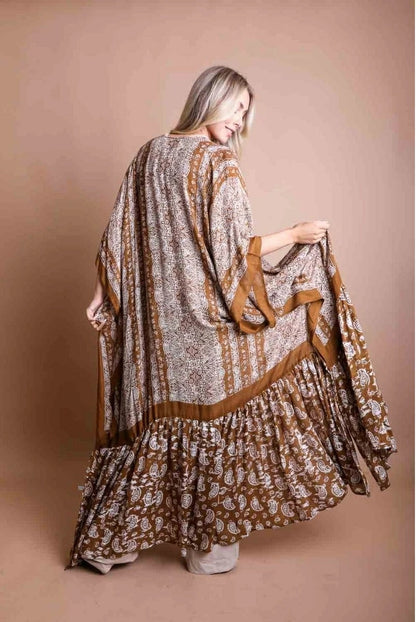 Long Kimono Cardigan with Bohemian Accent Paisley Pattern Ruffle Hem Long Cover Up Light Gray for Spring summer