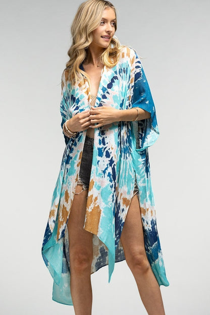 Kimono Cardigan with Bohemian Outfit Navy Blue Paisley Beach Cover Up Tie Dye Watercolor Print for Spring summer