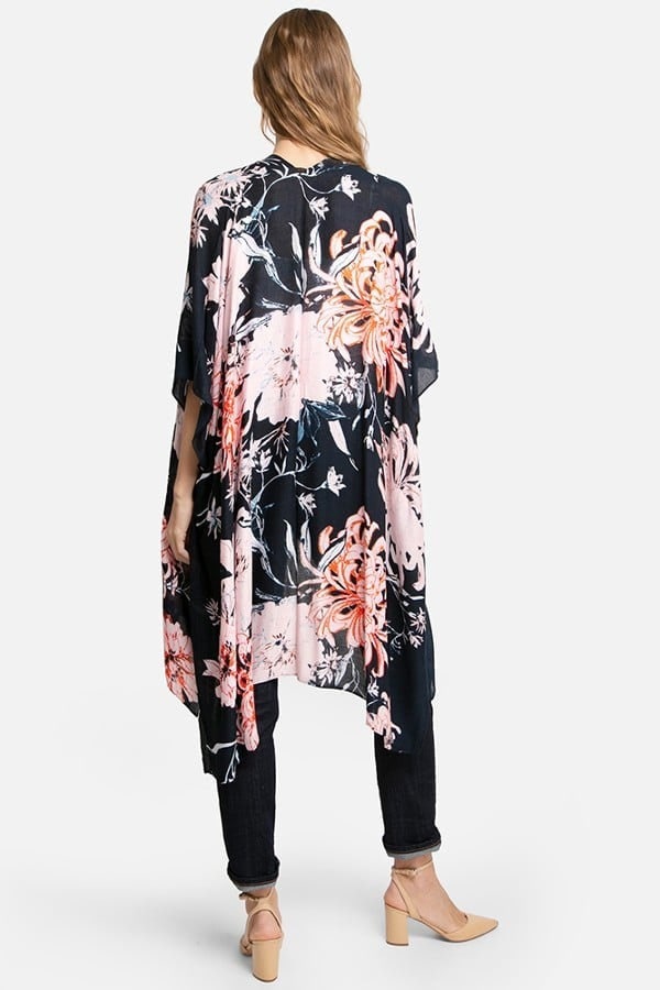 Kimono Cardigan with Bohemian Chrysanthemum Flower Red Black Duster Lightweight Duster for Spring summer