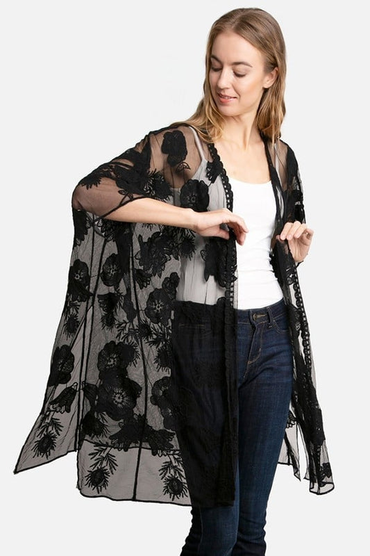 Black Kimono Duster with Floral Lace Pattern