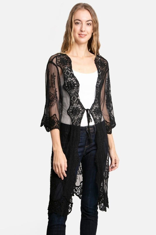 Black Lace Kimono Duster with Peacock Animal Crochet Lace Pattern