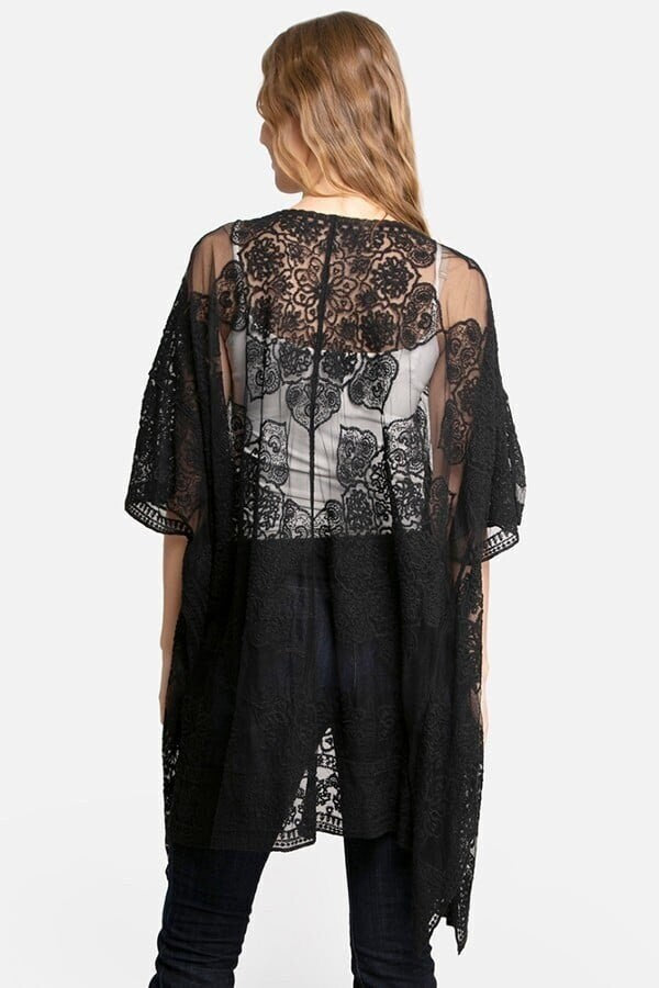 Black Lace Kimono Duster with Peacock Animal Crochet Lace Pattern