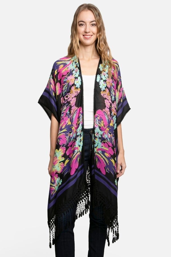 Kimono Cardigan with Bohemian Crochet Lace Back and Black Duster Watercolor Floral Pattern for Spring summer