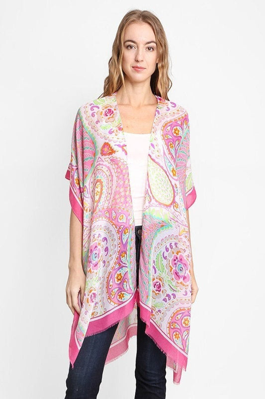 Kimono Cardigan with Bohemian Pink Paisley Duster Lightweight Jacket for Spring summer
