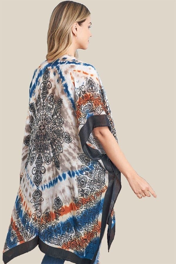 Kimono Cardigan with Bohemian Pastel Orange Aqua Damask Print Duster Lightweight Jacket for Spring summer