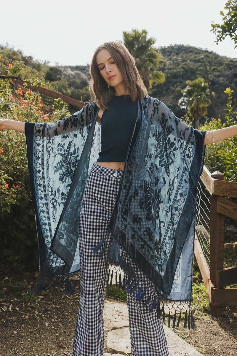 Velvet Burnout Kimono Cardigan with Bohemian Floral Pattern and Tassel Duster for Spring summer
