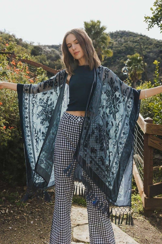 Velvet Burnout Kimono Cardigan with Bohemian Floral Pattern and Tassel Duster for Spring summer